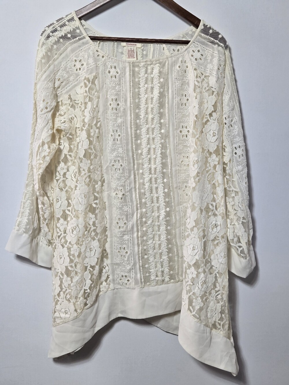 Sundance Large Ivory Lace Tunic Top Boho Embroidered Eyelet Handkerchief HemAlt